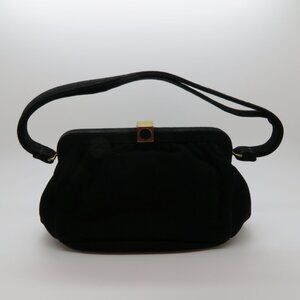 Vintage Handheld Black Suede Velvet Purse Bag Evening Top Handle Gold Clasp